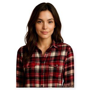 Roots Womens Striped Cotton Button Up Shirt Red White Navy Black Tan Small Maple